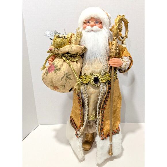 Gold Victorian Santa Standing 16.5" Bag of Gifts Staff Boots Orange Beaded Trim - Picture 1 of 16